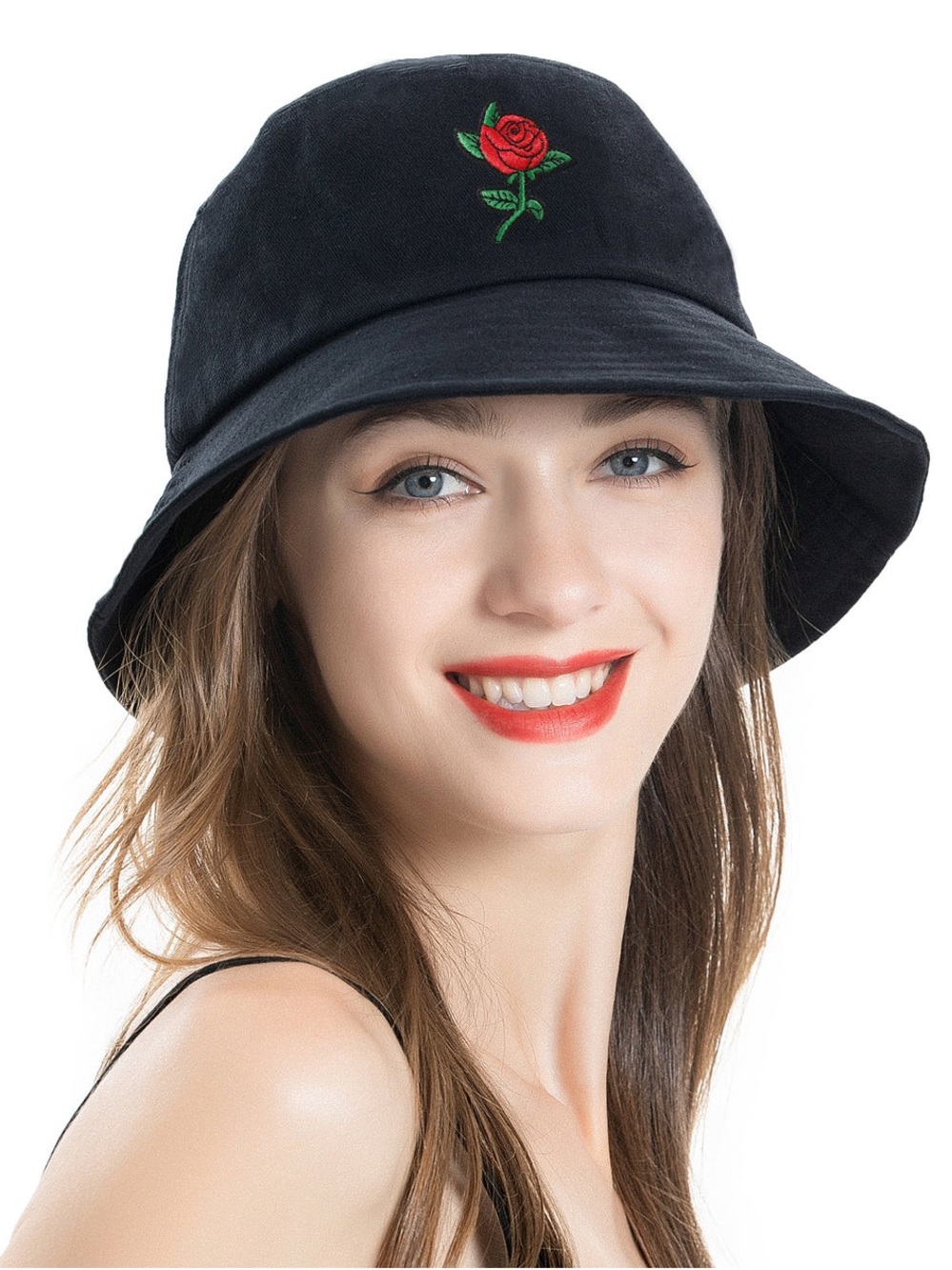 Black Bucket Hat with Red Rose Embroidery - Unisex Fashion Accessory NWOT